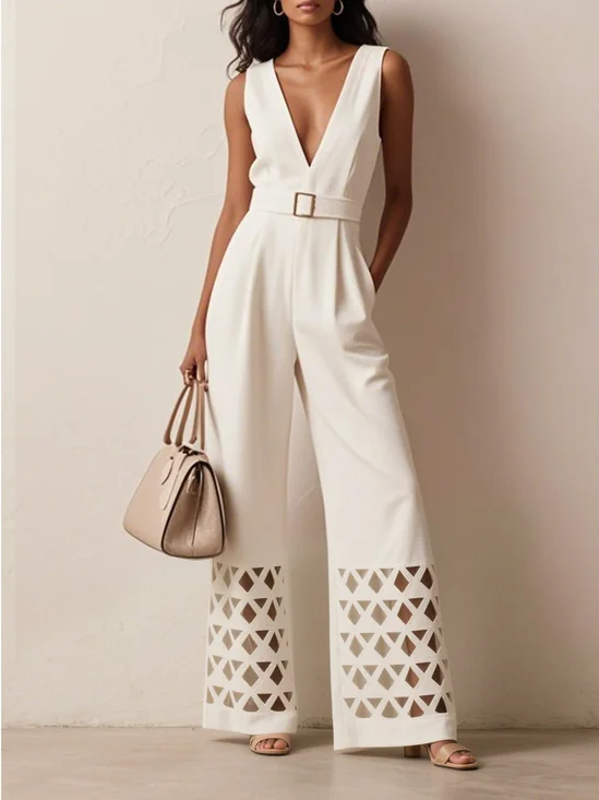 Off White Morden V Neck Devore Jumpsuit With Belt