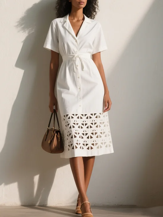 White Devore Floral Shirt Dress Shirt Collar Sleeveless A-Line Midi Dress