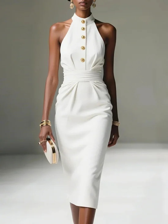 White Buckle Ruched Classic Halter Sleeveless Sheath Midi Dress
