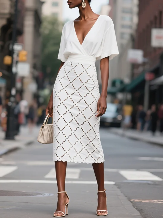 White Hollow Out Classic V Neck Short Sleeve Sheath Midi Dress