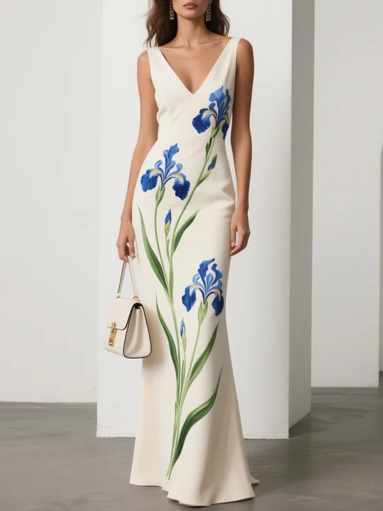White Floral Classic V Neck Sleeveless A-Line Gown Dress