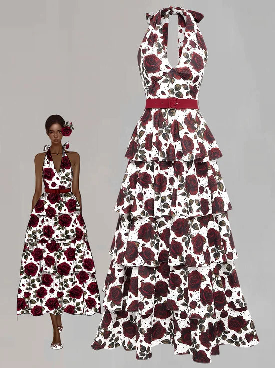 Wine Red Floral Ruffle Skirt Halter Sleeveless A-Line Maxi Dress
