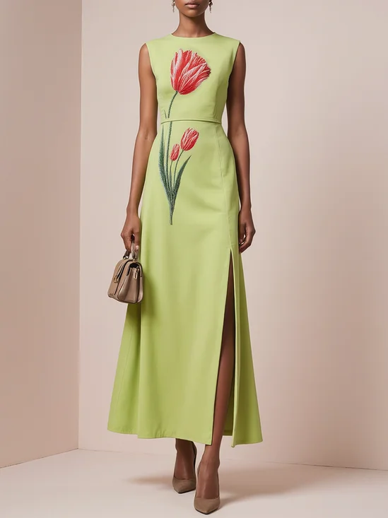 Green Embroidery Slit Classic Crew Neck Sleeveless A-Line Maxi Dress