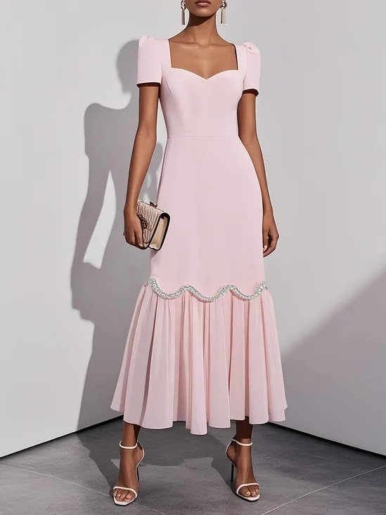 Pink Rhinestone Classic Sweetheart Neckline Sleeveless A-Line Maxi Dress