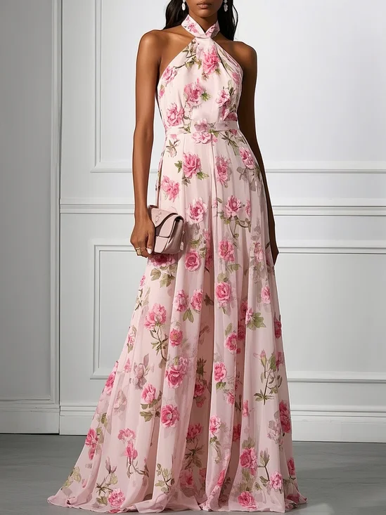Pink Classic Halter Short Sleeve A-Line Gown Dress