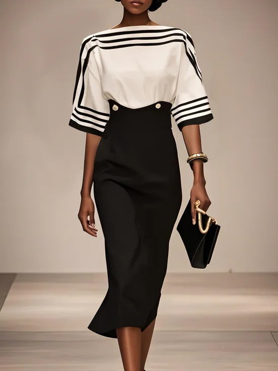 Black Striped Boat Neck Half Sleeve Sheath Midi Satin Dress
