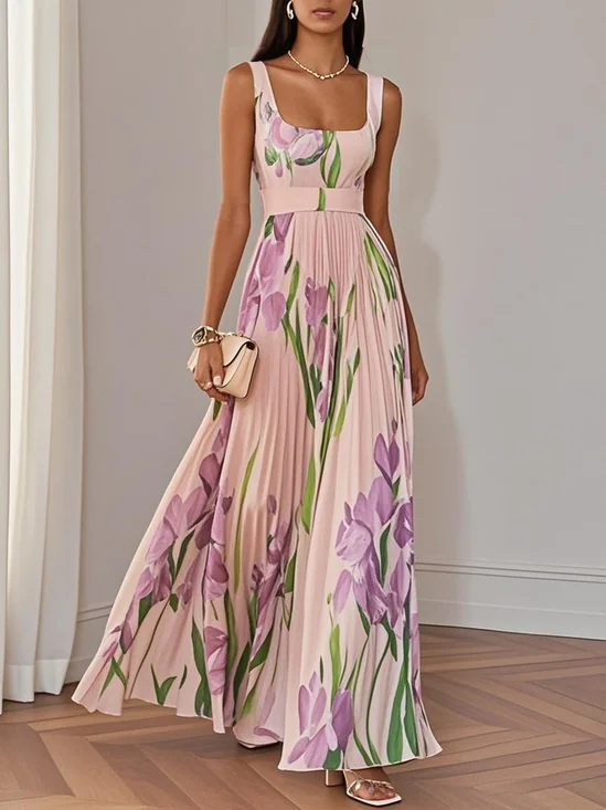 Pink Pleated Floral Chiffon Square Neck Sleeveless A-Line Maxi Dress