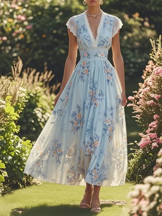 Light Blue Imitation Pearls Floral V Neck A-Line Maxi Chiffon Dress