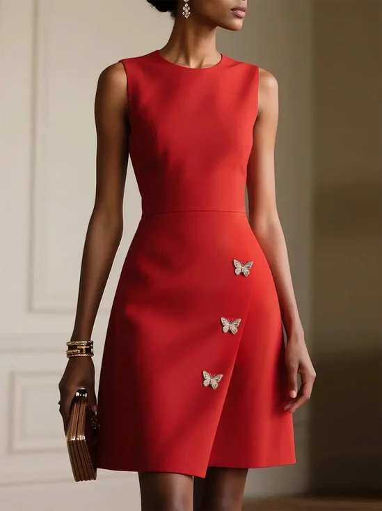 Red Butterfly Buckle Classic Crew Neck Sleeveless A-Line Mini Dress