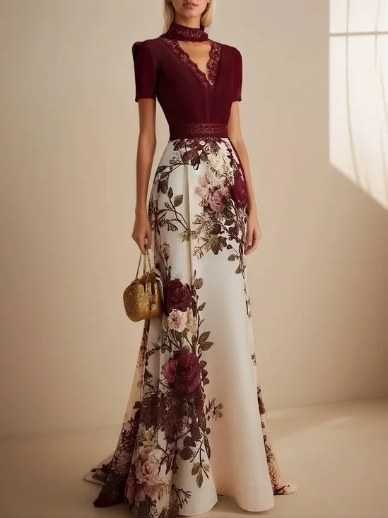 Wine Red Lace Floral Classic V Neck Short Sleeve A-Line Maxi Dress