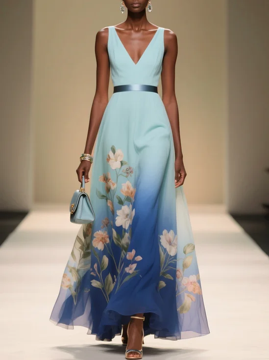 Light Blue Floral Chiffon V Neck Sleeveless A-Line Midi Dress