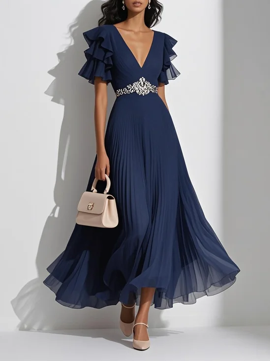 Purplish Blue Pleated Rhinestone Chiffon V Neck Short Sleeve Ruffle Sleeve A-Line Maxi Dress
