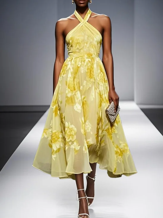 Yellow  Floral Chiffon Halter Sleeveless A-Line Midi Dress