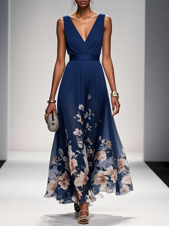 Navy Blue Floral Chiffon V Neck Sleeveless A-Line Maxi Dress
