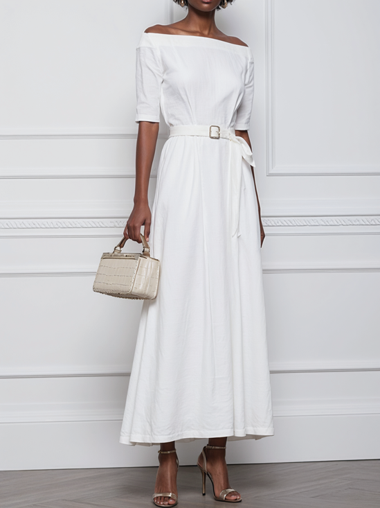 White Linen Off The Shoulder Half Sleeve A-Line Maxi Dress