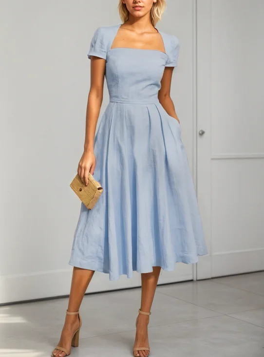 Light Blue Linen Square Neck Short Sleeve A-Line Midi Dress