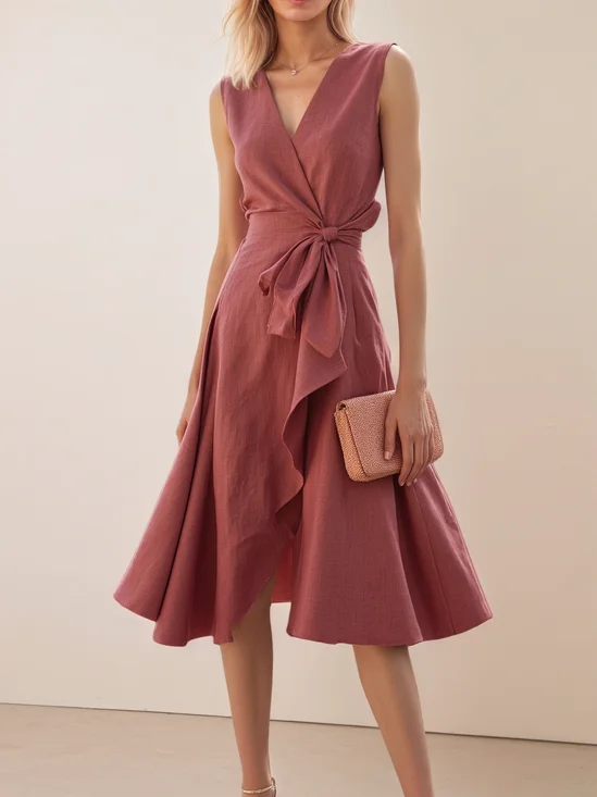 Red Bow Wrap Dress V Neck Sleeveless A-Line Midi Dress