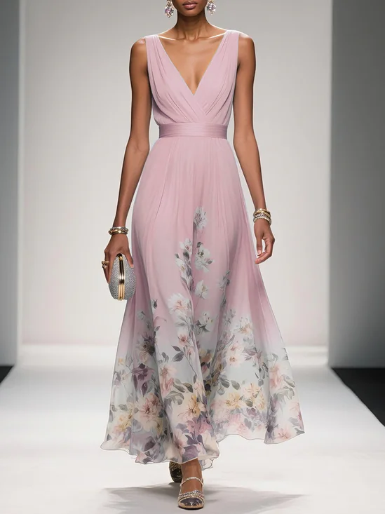 Pink Floral Chiffon V Neck Sleeveless A-Line Maxi Dress