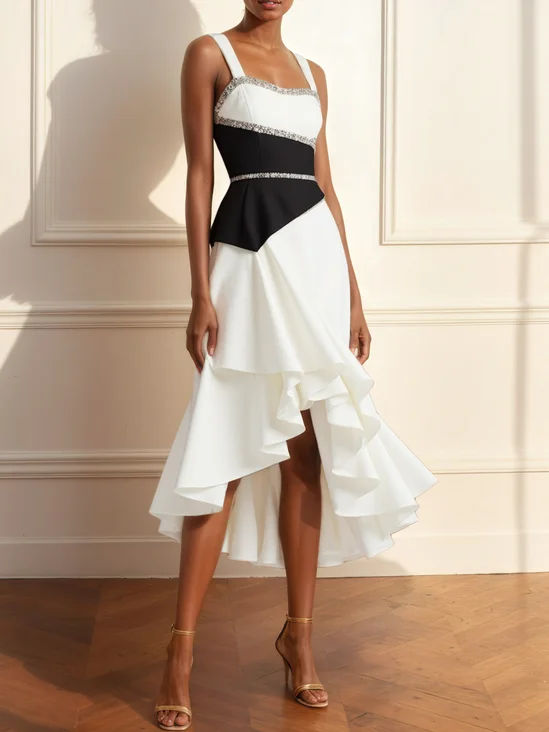 Blue Sequins Peplum Classic Spaghetti Gallus A-Line Midi Dress