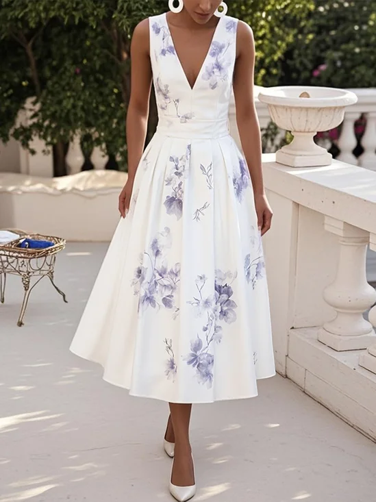 White Floral Classic V Neck Sleeveless A-Line Midi Dress