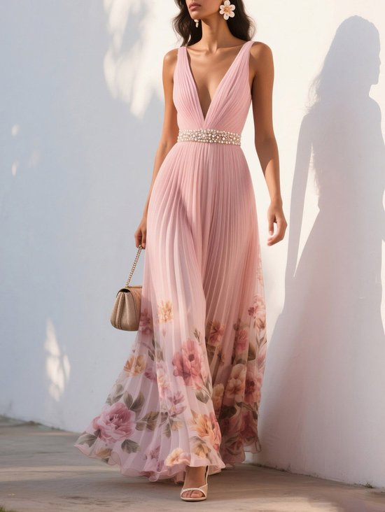 Pink Pleated Floral Deep V Neck A-Line Maxi Chiffon Dress
