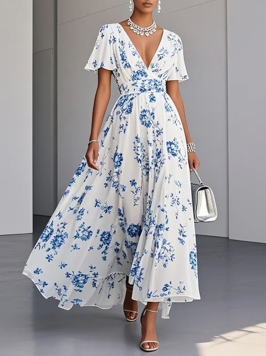 Blue Floral Chiffon V Neck Short Sleeve A-Line Maxi Dress