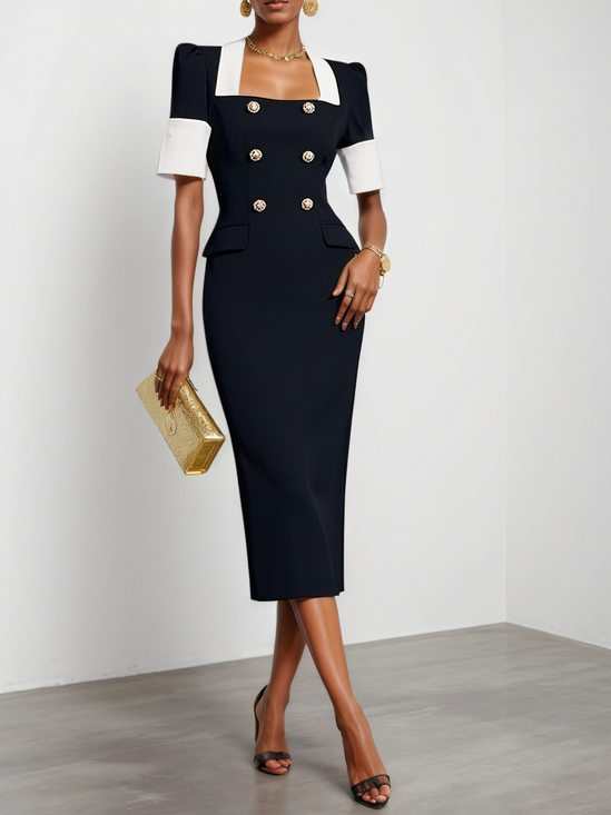 Black Buckle Blazer Square Neck Short Sleeve Sheath Midi Dress
