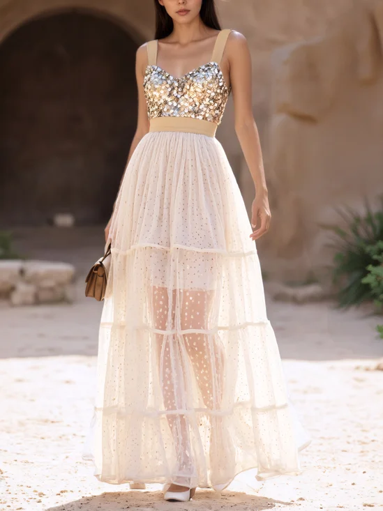 Apricot Glitter Stamped Bronzing Sequin Sweetheart Neckline Sleeveless A-Line Maxi Dress