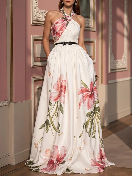 Pink Bow Floral Classic Halter Sleeveless A-Line Maxi Dress