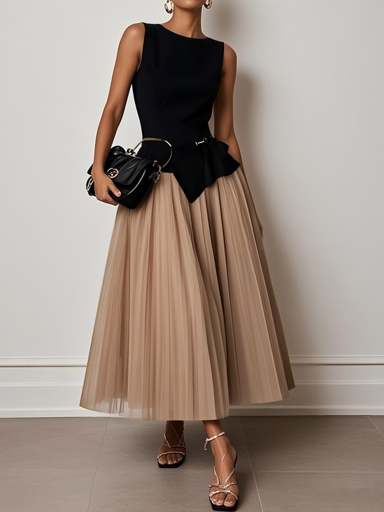 Light Khaki Ruffled Mesh Classic Boat Neck Sleeveless A-Line Midi Dress