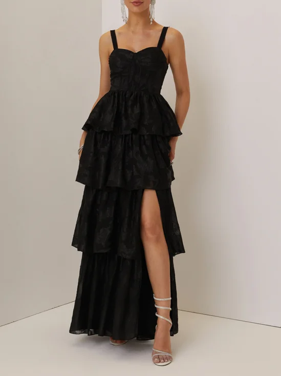 Black Jacquard Slip Dress Spaghetti Sleeveless A-Line Maxi Dress