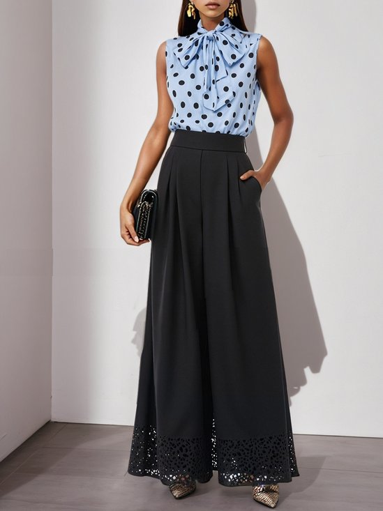 Women Black Lace Bow Crew Neck Sleeveless Two-Piece Set