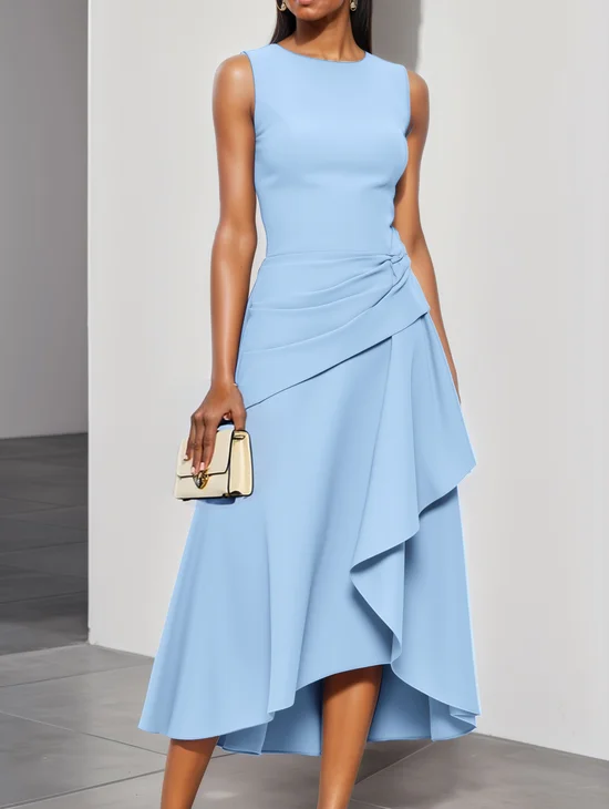 Blue Ruched Classic Crew Neck Sleeveless A-Line Midi Dress