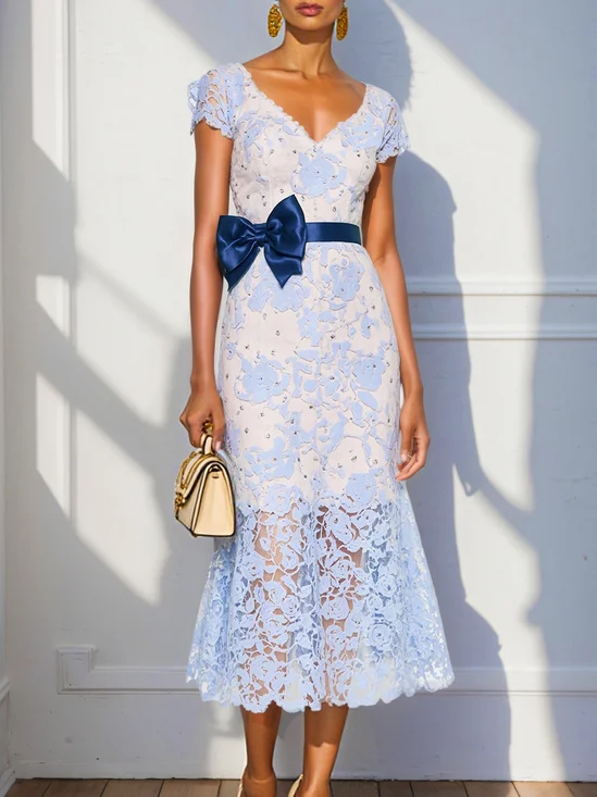 Blue Organza Bow Jacquard Hotfix Embellished Classic V Neck Short Sleeve Mermaid Midi Dress