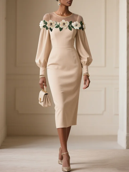 Apricot Applique Floral Classic Crew Neck Long Sleeve Balloon Sleeve Sheath Midi Dress