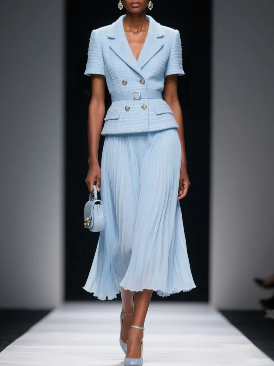 Women Light Blue Pleated Buckle Lapel Collar Short Sleeve Urban Top With Skirt Two-Piece Set