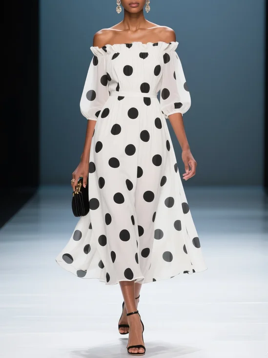 White Ruffled Chiffon Off The Shoulder Half Sleeve Balloon Sleeve A-Line Midi Dress