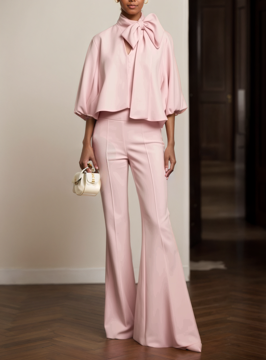 Women Pink Bow Tie bow collar Half Sleeve Regular Sleeve Urban Top With Pants Two-Piece Set