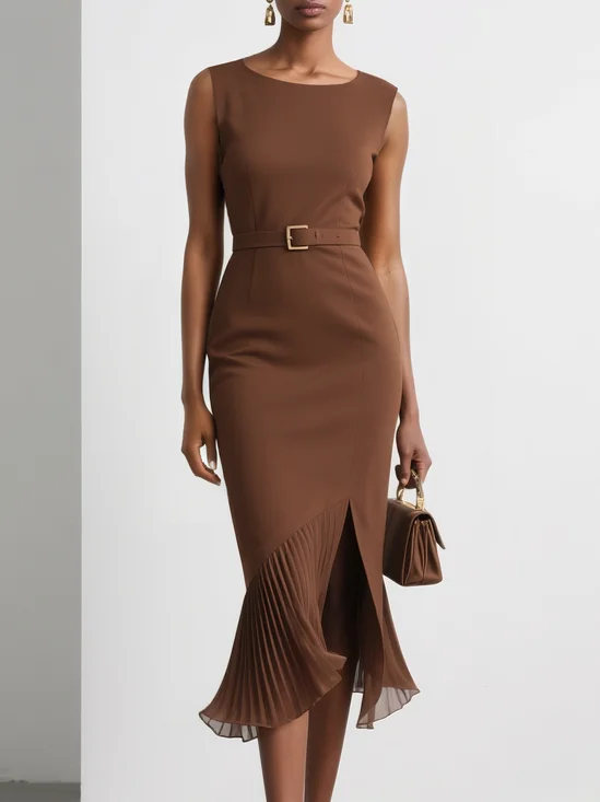 Brown Pleated Slit Classic Boat Neck Sleeveless Mermaid Midi Dress