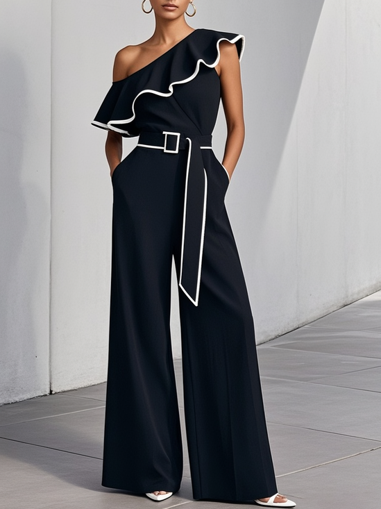 Women Black Piping Ruffled One Shoulder Sleeveless Urban Jumpsuit