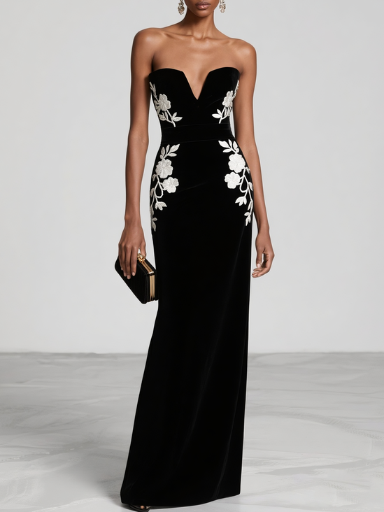 Black Embroidery Classic Strapless Sleeveless Sheath Maxi Dress