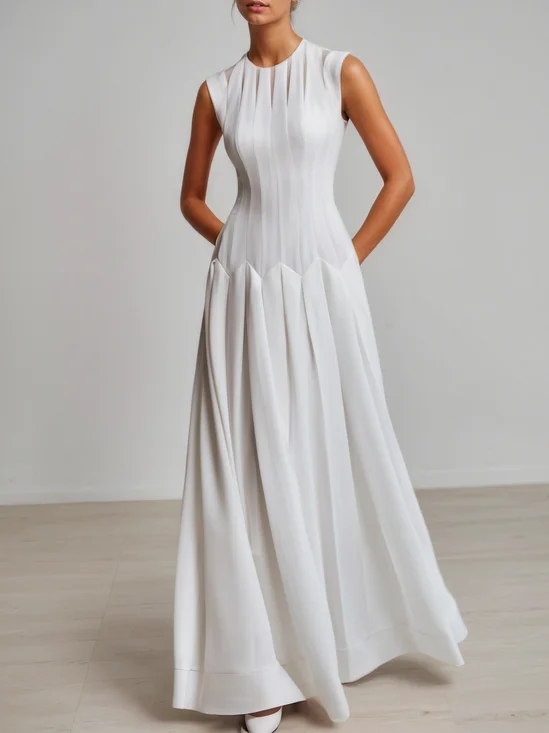 White Split Joint Mesh Classic Crew Neck Sleeveless A-Line Maxi Dress