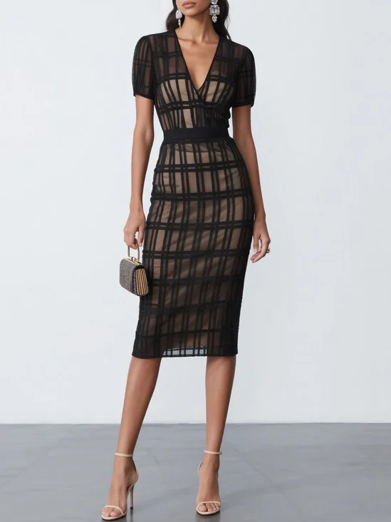 Black Classic V Neck Short Sleeve Sheath Midi Dress
