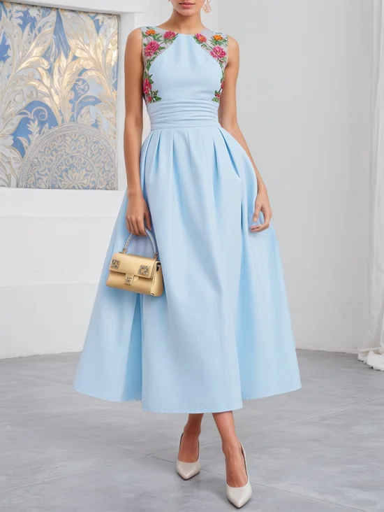 Light Blue Cotton Lyocell Floral Embroidery Ruched Classic Crew Neck Sleeveless A-Line Midi Dress