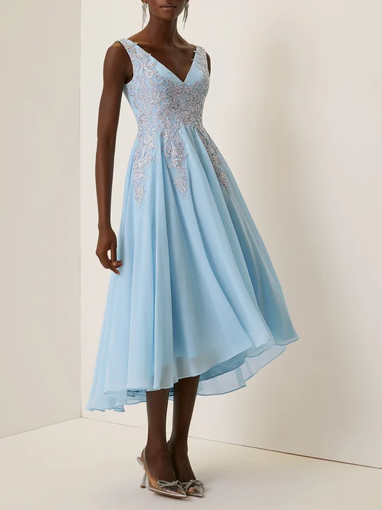 Light Blue Lace Asymmetric Chiffon V Neck Sleeveless A-Line Maxi Dress