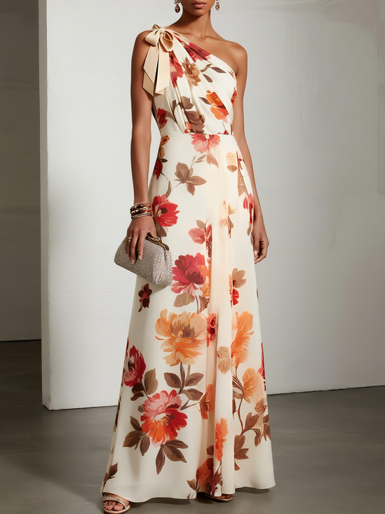 Orange Red Bow Floral Classic One Shoulder Sleeveless A-Line Maxi Dress