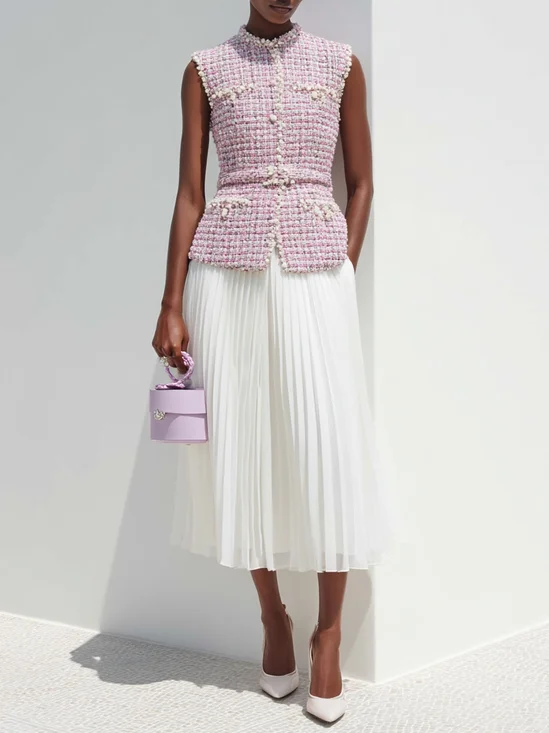 Women Pink Tweed Buckle Stitching Lace Crew Neck Sleeveless Dressy Coat With Skirt Two-Piece Set
