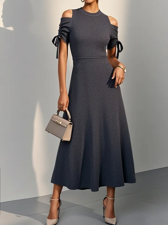 Deep Gray Shirred Knit Cold Shoulder Short Sleeve A-Line Midi Dress