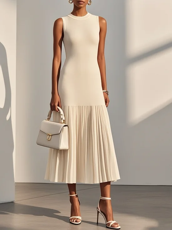 Beige Asymmetric Knit Crew Neck Sleeveless A-Line Midi Dress