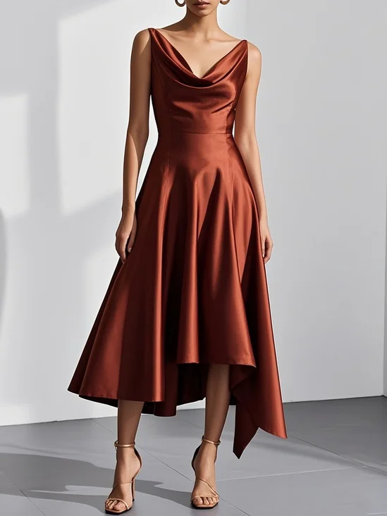Caramel Asymmetric Satin Cowl Neck Sleeveless A-Line Midi Dress